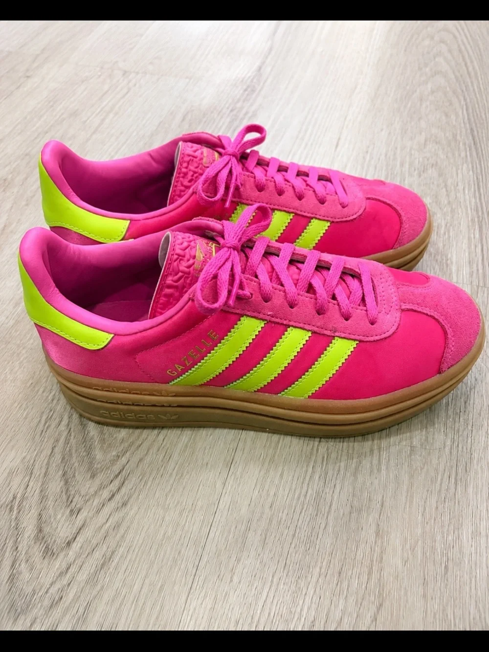 adidas Gazelle Bright Pink with Neon Yellow Accents and Gum Sole